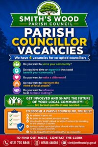 Smith’s Wood Parish Council poster announcing 4 parish councillor vacancies and application details.